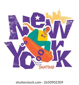 Skater young man in New York city isolated on white. Young man in casual sport clothes on skateboard jumping and riding skateboard. Love New York text lettering vector illustration