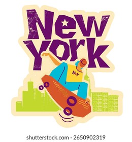 Skater young man symbol of in New York city isolated on white. Young man in casual sport clothes on skateboard jumping and riding skateboard. Love New York text lettering vector illustration