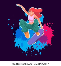 Skaters background. grunge splashes decorative template with jumping extreme sport skateboard rider