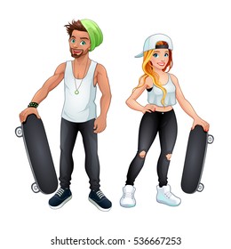 Skaters boy and girl. Vector isolated cartoon characters
