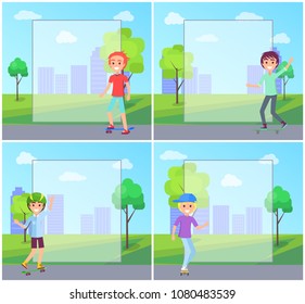Skaters in city park collection of teenager on skateboards, skater with good mood keeping fit and having fun, set isolated vector illustrations set