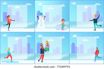 Skaters and cityscape set of posters with filling forms and girl with ball of snow, snowman with metal bucket, cityscape clouds vector illustration