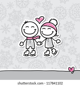 skaters couple on gray background, hand drawn illustration