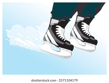 A skater's hockey skates while they perform a hockey stop with ice flying