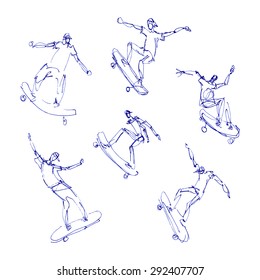 Skaters men. Sketches blue pen set. Hand drawn vector illustration.