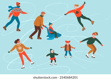 Skaters on the ice rink. Characters. Vector illustration in Trendy Retro Style for cards, posters, seasonal winter Decor.  Christmas clipart