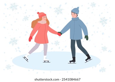 Skaters on ice. A young woman and a man, holding hands, ice skate against the backdrop of falling snowflakes. Winter sports and active recreation. Sports date. Romantic getaway.