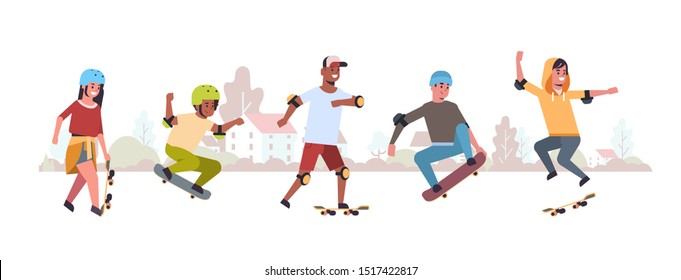 skaters performing tricks in public skate board park skateboarding concept mix race teenagers having fun riding skateboards landscape background flat full length horizontal