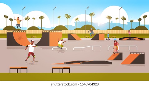 skaters performing tricks in public skate board park with various ramps for skateboarding mix race teenagers having fun riding skateboards cityscape background flat full length horizontal vector