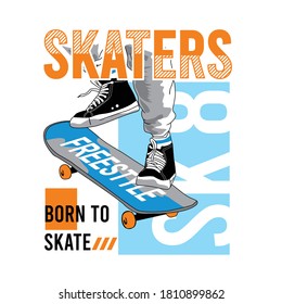 skaters slogan with skateborading jump illustration, typography design