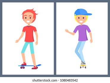 Skaters teenage collection of people, stylish boys on skateboards, children with happy faces set, vector illustration isolated white background