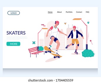 Skaters vector website template, landing page design for website and mobile site development. Two boys skaters enjoying skateboarding and roller skating in the park. Summer activities for teens.