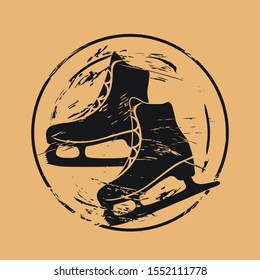 Skates for figure skating icon vector round shabby emblem design, old retro style. Figure skating logo mail stamp isolated on craft paper. Vintage grunge sign. Winter sport round seal imitation.