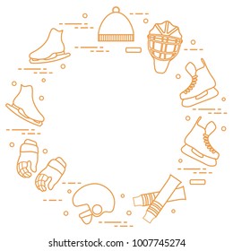 Skates, gloves, hat, goalkeeper's mask and helmet, leggings. Winter sports elements.