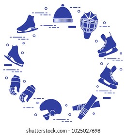 Skates, gloves, hat, goalkeeper's mask and helmet, leggings. Winter sports elements.