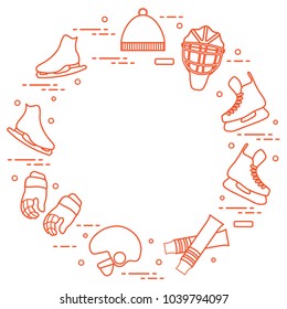 Skates, gloves, hat, goalkeeper's mask and helmet, leggings. Winter sports elements.