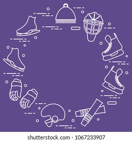 Skates, gloves, hat, goalkeeper's mask and helmet, leggings. Winter sports elements.