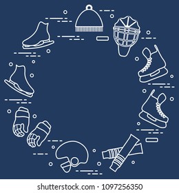 Skates, gloves, hat, goalkeeper's mask and helmet, leggings. Winter sports elements.