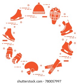 Skates, gloves, hat, goalkeeper's mask and helmet, leggings. Winter sports elements.