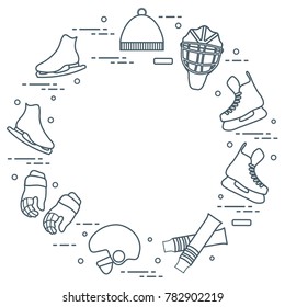 Skates, gloves, hat, goalkeeper's mask and helmet, leggings. Winter sports elements.