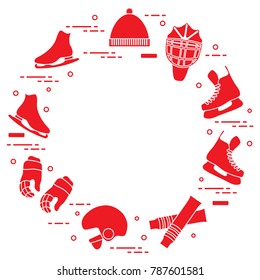 Skates, gloves, hat, goalkeeper's mask and helmet, leggings. Winter sports elements.
