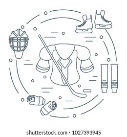 Skates, gloves, helmet, shoulder pads, hockey stick, hockey socks, ice hockey puck. Hockey equipment. Winter sports elements.