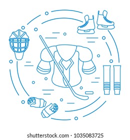 Skates, gloves, helmet, shoulder pads, hockey stick, hockey socks, ice hockey puck. Hockey equipment. Winter sports elements.