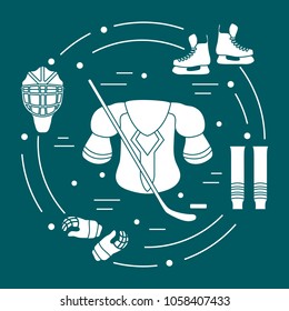 Skates, gloves, helmet, shoulder pads, hockey stick, hockey socks, ice hockey puck. Hockey equipment. Winter sports elements.