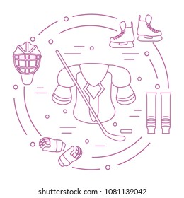 Skates, gloves, helmet, shoulder pads, hockey stick, hockey socks, ice hockey puck. Hockey equipment. Winter sports elements.