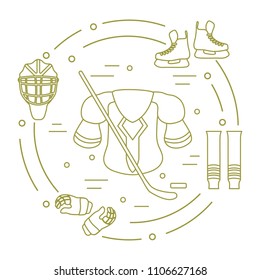 Skates, gloves, helmet, shoulder pads, hockey stick, hockey socks, ice hockey puck. Hockey equipment. Winter sports elements.