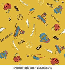 Skates, helmets, glasses, peace sign etc ... hand drawing.