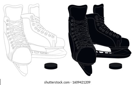 Skates For Hockey And Ice Skating. Vector Black And White Illustration That Can Be Used As An Emblem Or Sticker, For Textile Or Print. Icon For Sports Figure Skating Sections.