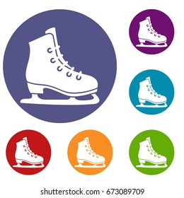 Skates icons set in flat circle reb, blue and green color for web