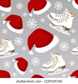Skates and Santa Claus hats on snowflakes background seamless pattern