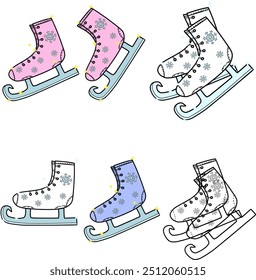 skates for skating on ice with a curved nose on a transparent background. Cartoon style with stroke and glitter and shimmer effect to give the effect of winter magic or novelty. Vector illustration