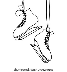 Skates for skating on ice. Vector illustration in hand drawn doodle style. New year, winter holidays, christmas. Drawn in outline on a white background