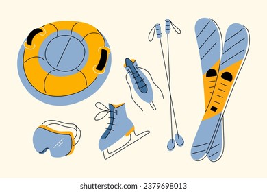 Patines, esquís con bastones, tubo y máscara protectora. Juego de elementos de actividades deportivas al aire libre de la familia de invierno. Ilustraciones vectoriales de estilo plano dibujadas a mano por módem.