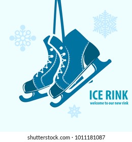 Skates with text Ice rink - winter emblem with snowflakes.  Vector emblem.