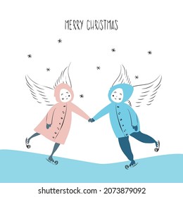  Skating angels boy and girl. Vector illustration for christmas theme. 