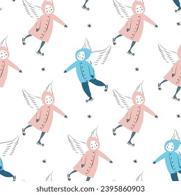  Skating angels girls and bous. Seamless pattern. Vector design. Christmas theme. Paper, package, wrapping paper.