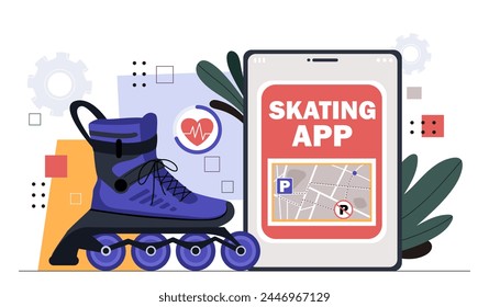 Skating application concept. Program and software for active lifestyle and leisure outdoors. Roler skating. Sports and workout outdoors. Cartoon flat vector illustration isolated on white background