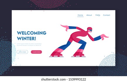 Skating Athlete Competing Website Landing Page. Speed Skater Woman Skating on Ice Rink, Short Track Race Skater Run to Finish Winter Sport Competition Web Page Banner. Cartoon Flat Vector Illustration