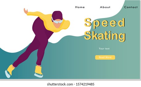 Skating Athlete Competing Website Landing Page. Speed Skater Woman Skating on Ice Rink, Skater Run to Finish Winter Sport Competition Web Page Banner.  Flat Vector Illustration