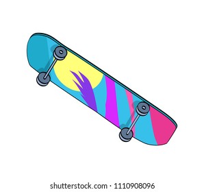 Skating board colorful item with small wheels allowing young people to lead active lifestyle, hobby of youth 80s, isolated on vector illustration