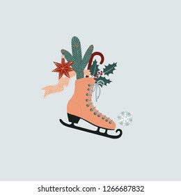 Skating boot. Vintage Christmas decoration.Winter holiday season greeting card. Hand drawn vector illustration in flat colors.