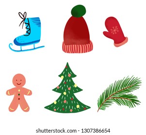 Skating Boot, Winter Hat, Mitten, Gingerbread Man, Christmas Tree, Pine Tree Brunch Vector Clip Art.