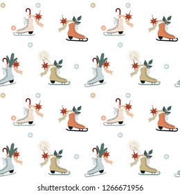 Skating boots. Seamless vector pattern with vintage Christmas decoration motif.
