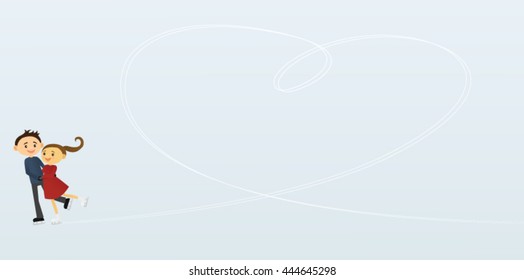 Skating couple with a heart shape on the ice