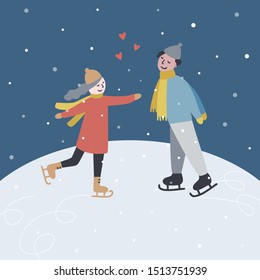 Skating couple on the ice rink. Christmas time vector greeting card with two people. Saint Valentine love concept