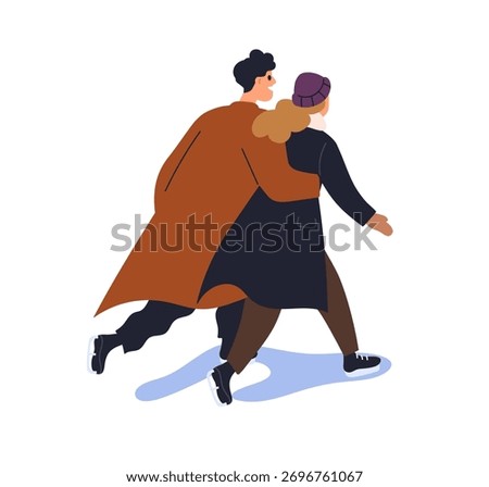 Skating couple on ice rink. People in love, man and woman gliding on skates together. Romantic date, winter holiday leisure, sport activity. Flat vector illustration isolated on white background